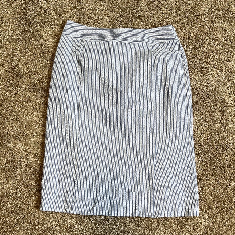Lands’ End Light Blue White Stripe Seersucker Straight Skirt 6 Preppy Coastal